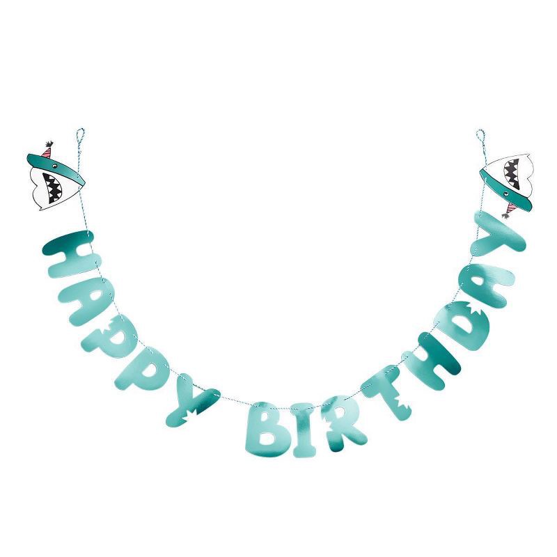 slide 1 of 2, "Happy Birthday" Shark Banner Teal - Spritz™, 1 ct