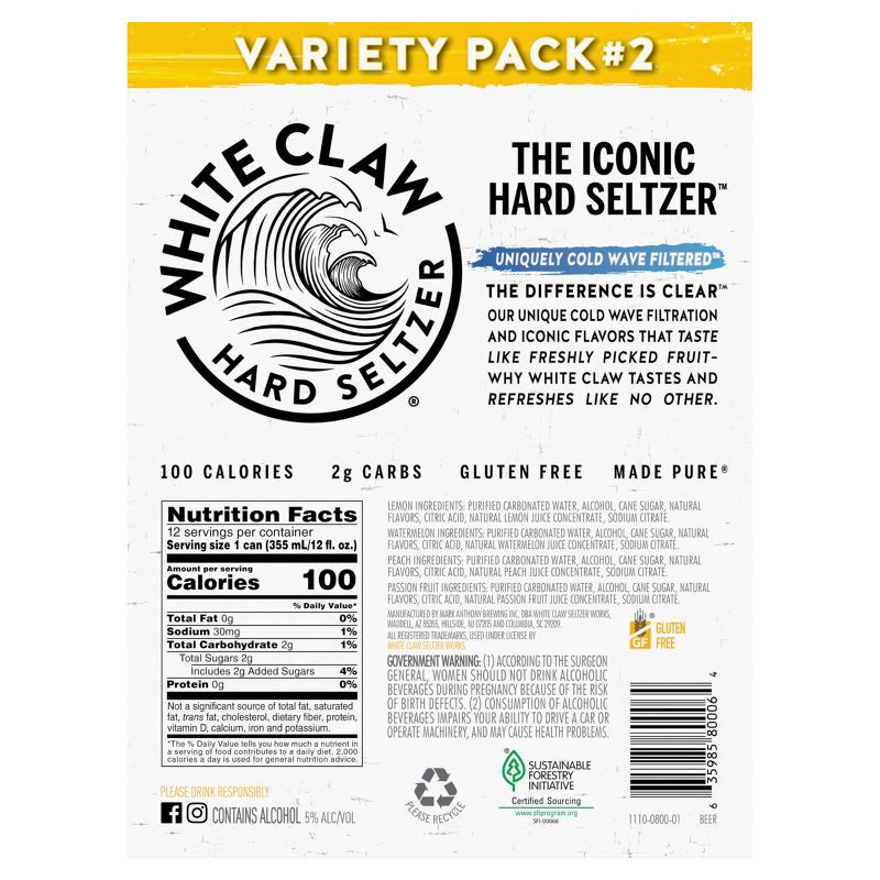 slide 9 of 9, White Claw Hard Seltzer Variety Pack No. 2 - 12pk/12 fl oz Slim Cans, 2 x 12 ct, 12 fl oz
