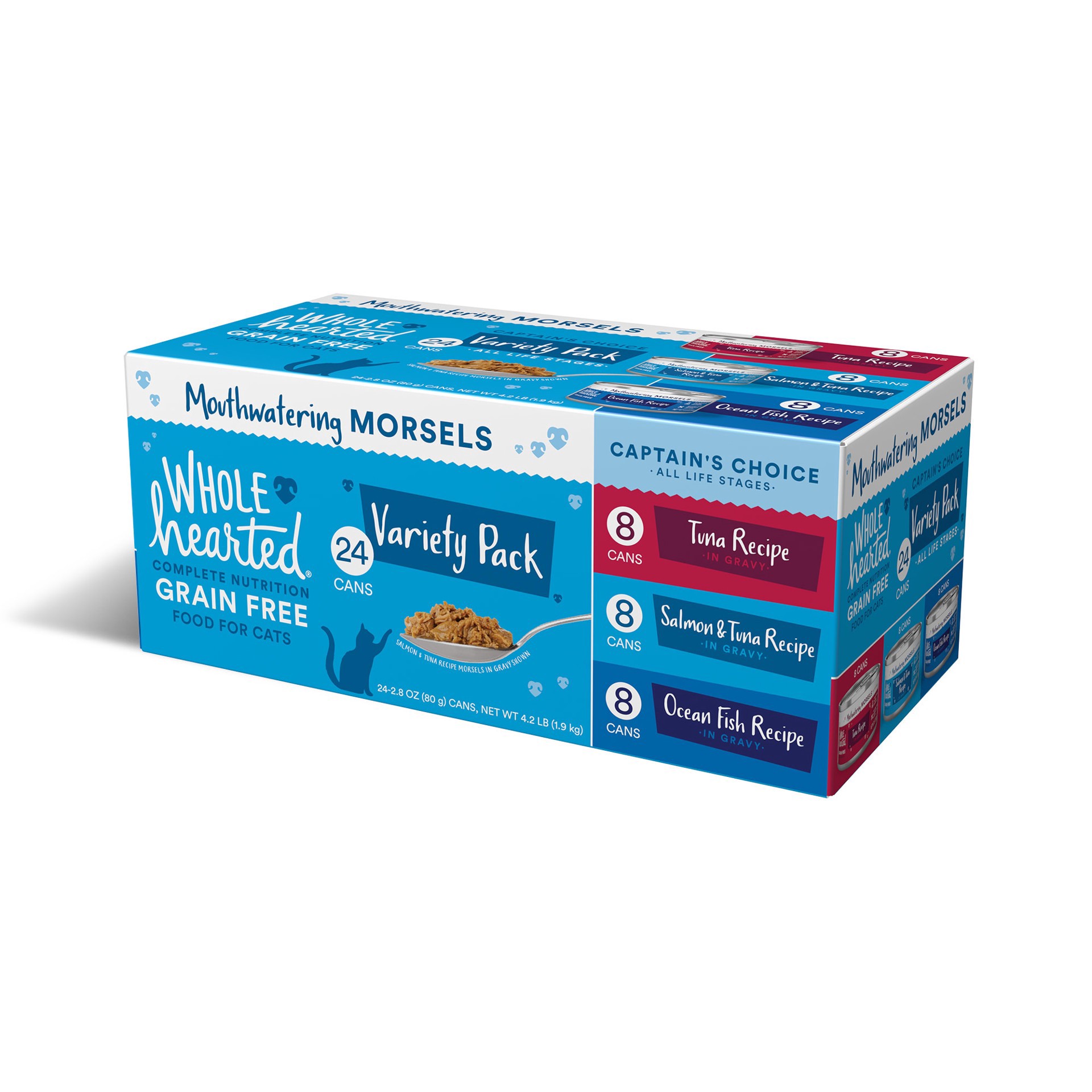 slide 1 of 1, WholeHearted All Life Stages Grain-Free Captain's Choice Morsels in Gravy Wet Cat Food Variety Pack, 2.8 oz., Count of 24, 1 ct
