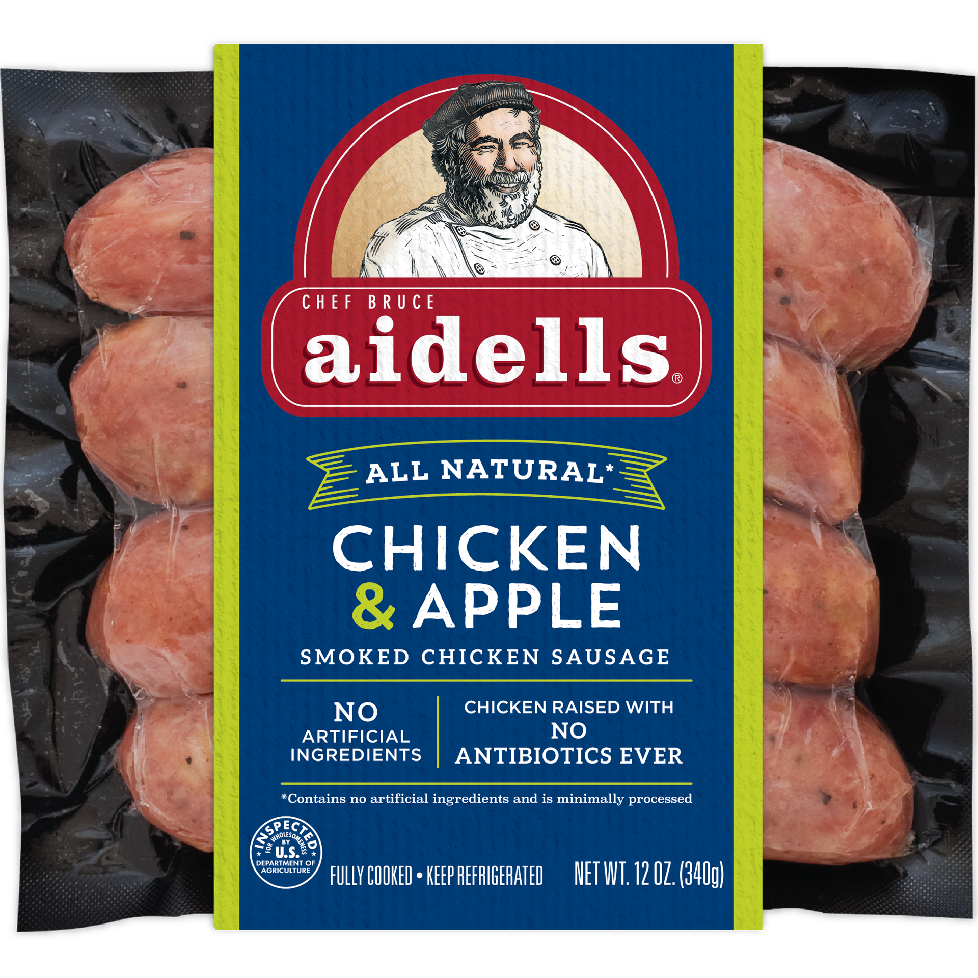 slide 1 of 7, Aidells Smoked Chicken Sausage, Chicken & Apple, 12 oz. (4 Fully Cooked Links), 340.19 g