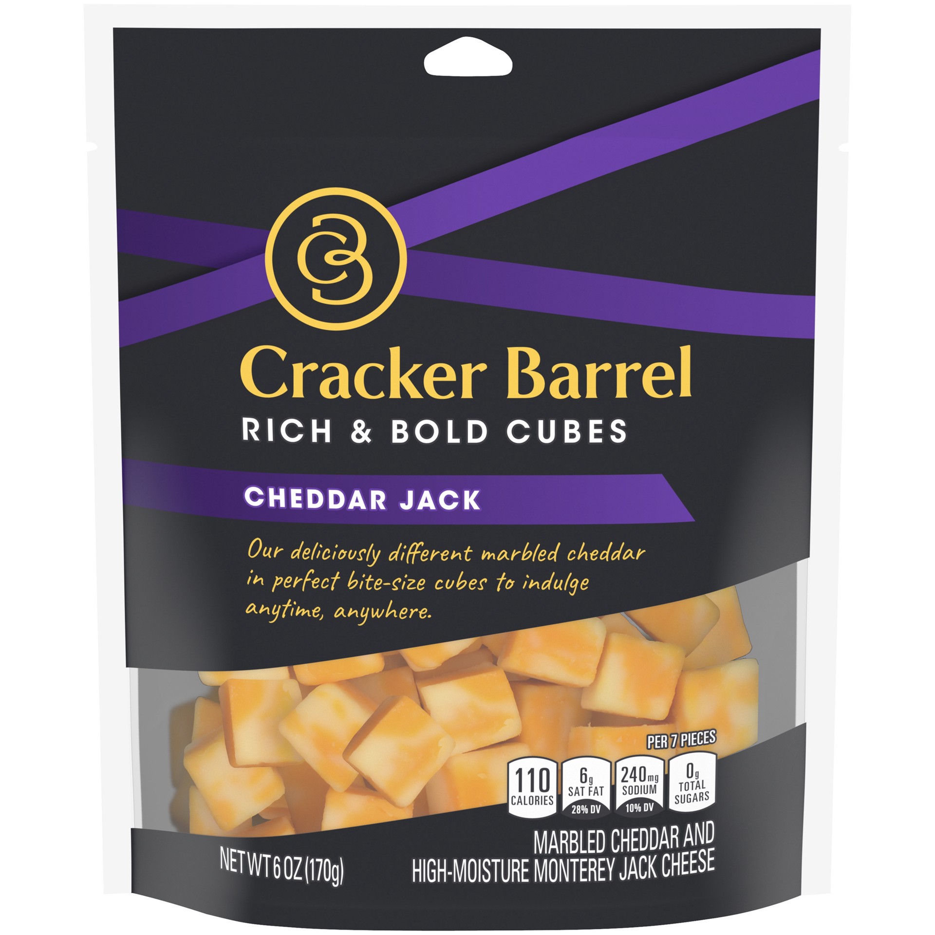 slide 1 of 6, Cracker Barrel Rich & Bold Cheddar Jack Marbled Cheese Cubes, 6 oz Bag, 6 oz