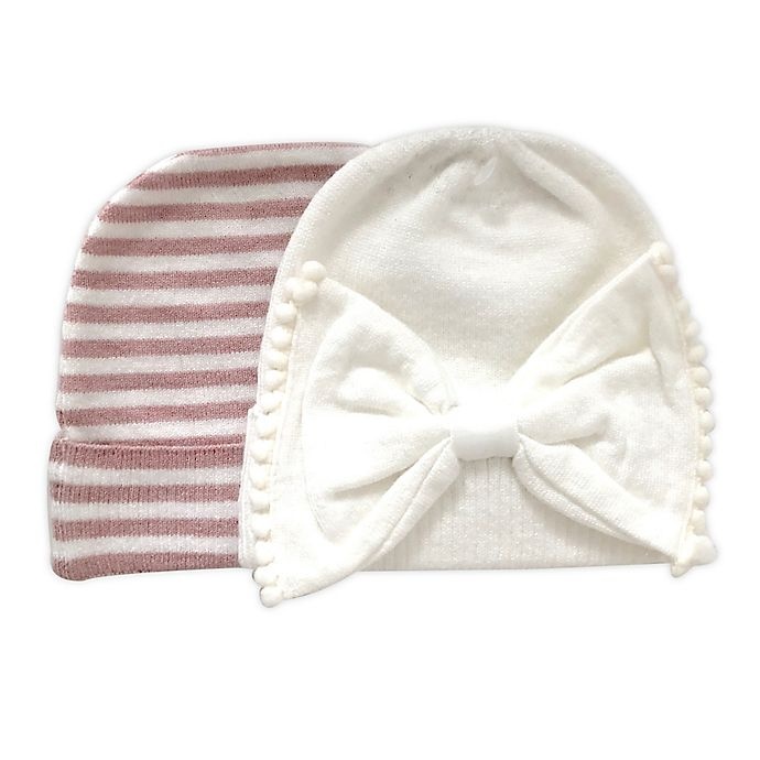 slide 1 of 1, NYGB Trimmed Bow and Solid Knit Hats - Ivory/Pink, 2 ct