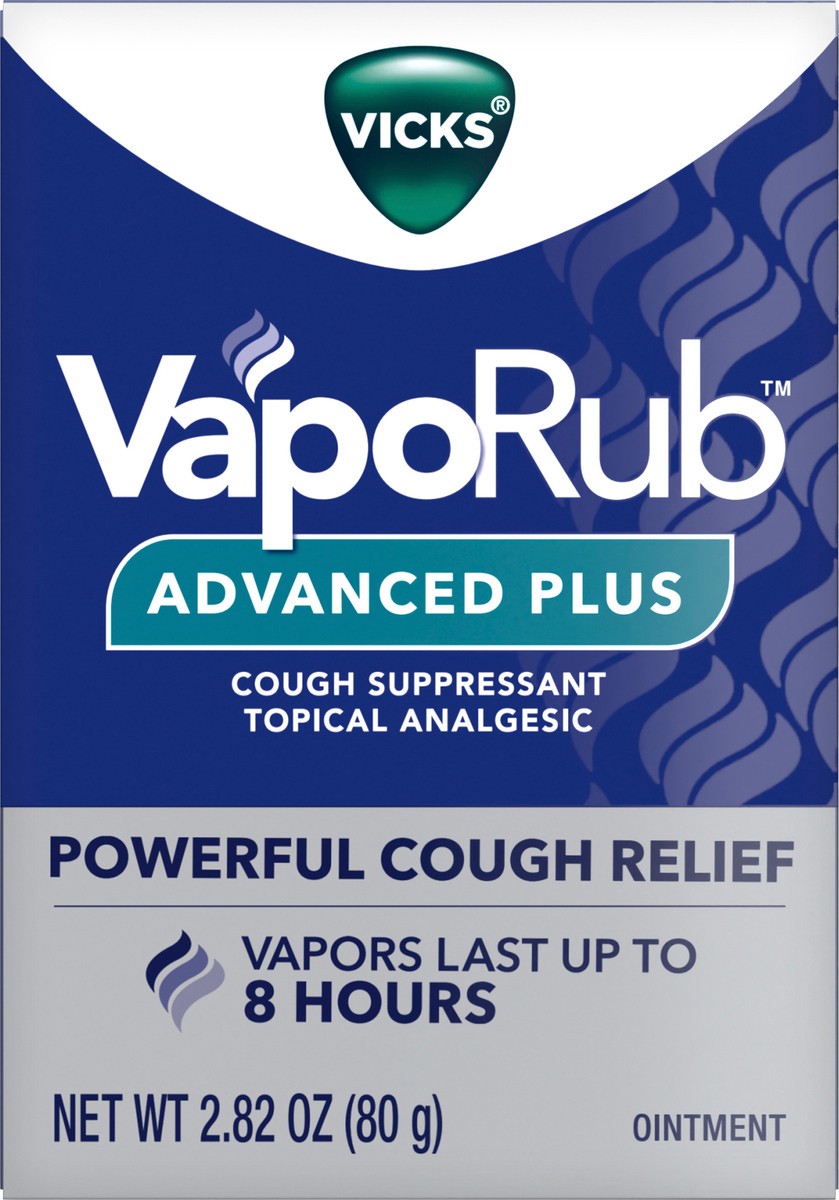 slide 5 of 10, Vicks VapoRub Advanced Plus, Powerful Cough Suppressant, Topical Chest Rub & Analgesic Ointment, Medicated Vicks Vapors, Fast Cough Relief, 2.82oz, 2.82 oz
