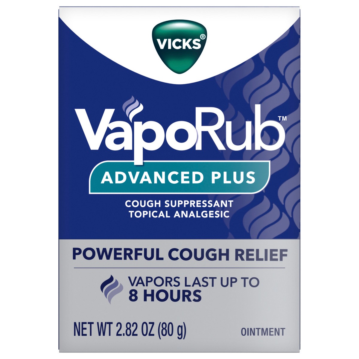 slide 9 of 10, Vicks VapoRub Advanced Plus, Powerful Cough Suppressant, Topical Chest Rub & Analgesic Ointment, Medicated Vicks Vapors, Fast Cough Relief, 2.82oz, 2.82 oz