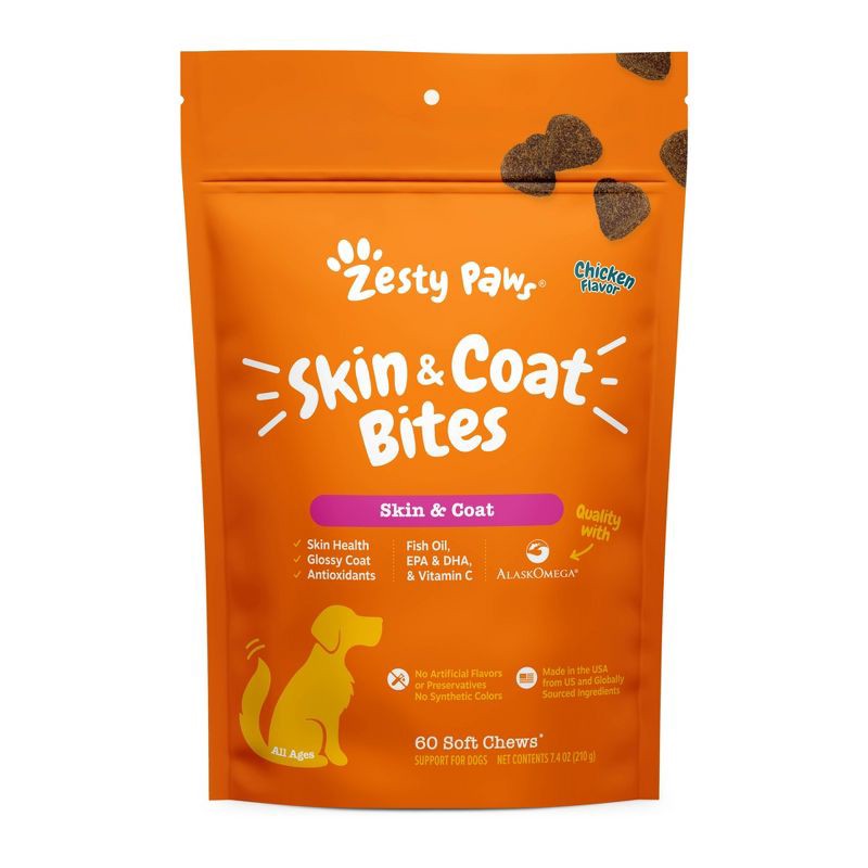 slide 1 of 4, Zesty Paws Skin & Coat Bites for Dog Chicken Flavor - 60ct, 60 ct