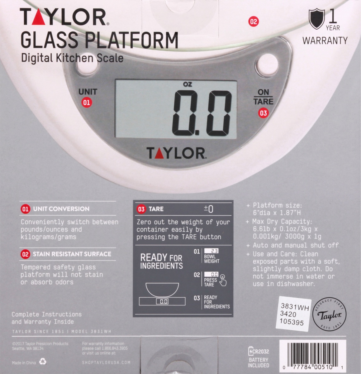 Taylor Kitchen Scale, Glass Platform, Digital