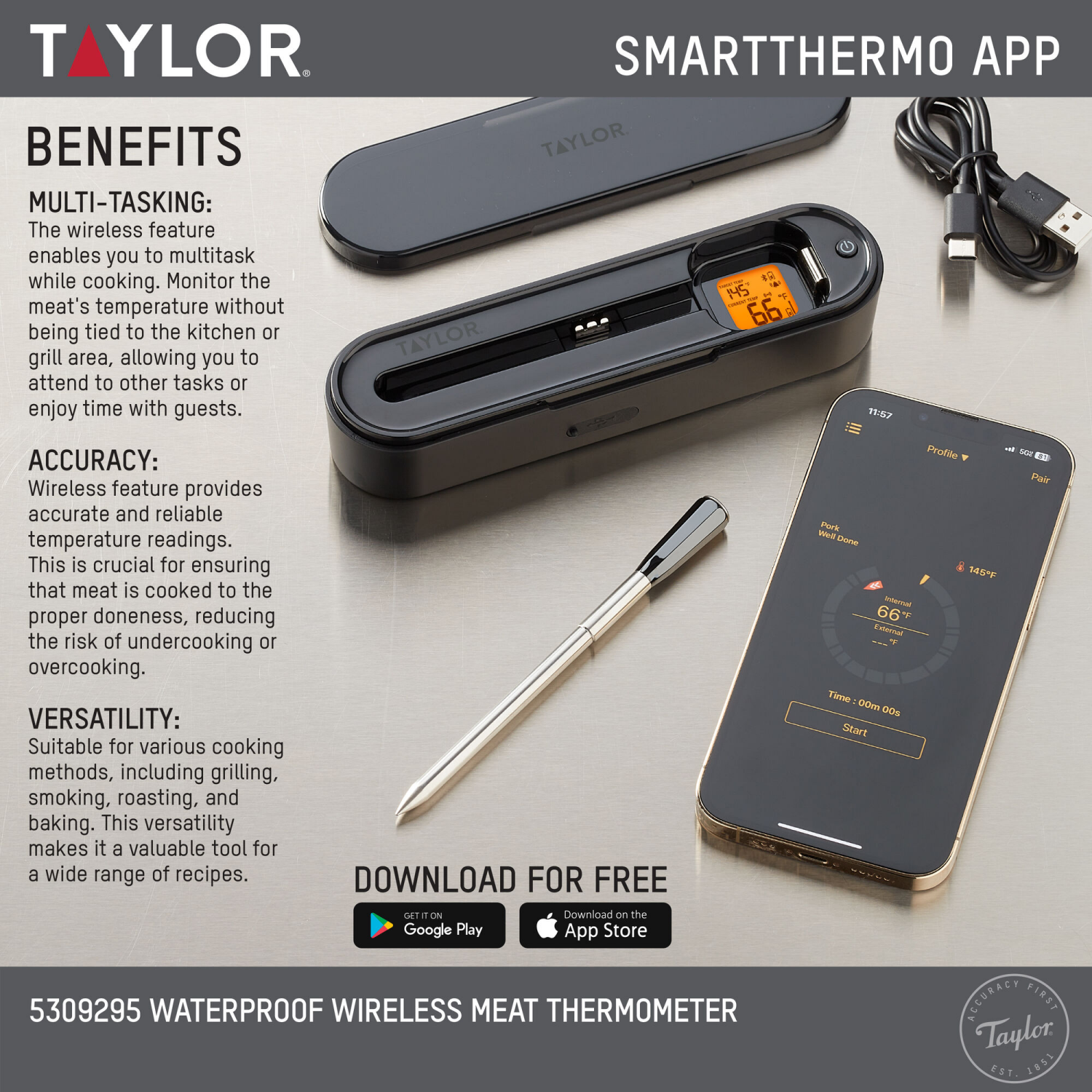 slide 1 of 2, Taylor Bluetooth App Wireless Digital Cooking Kitchen Meat Thermometer, 1 ct