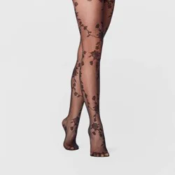 Women's Viney Floral Tights - A New Day™ Black L/XL: Sheer High Waisted Botanical Knit Hosiery