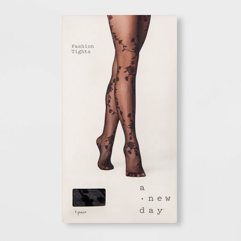 slide 2 of 2, Women's Plus Size Viney Floral Tights - A New Day™ Black 1X/2X: Sheer High Waisted Knit Hosiery, 1 ct