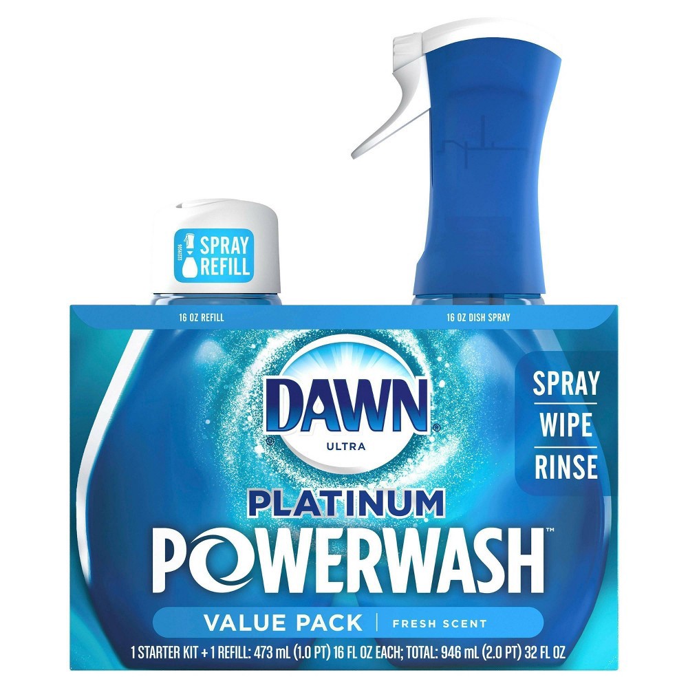 slide 5 of 6, Dawn Platinum Powerwash Dish Spray, Dishwashing Dish Soap - Fresh Scent Bundle - Starter-Kit (16 fl oz) & 1 refill (16 fl oz), 16 fl oz