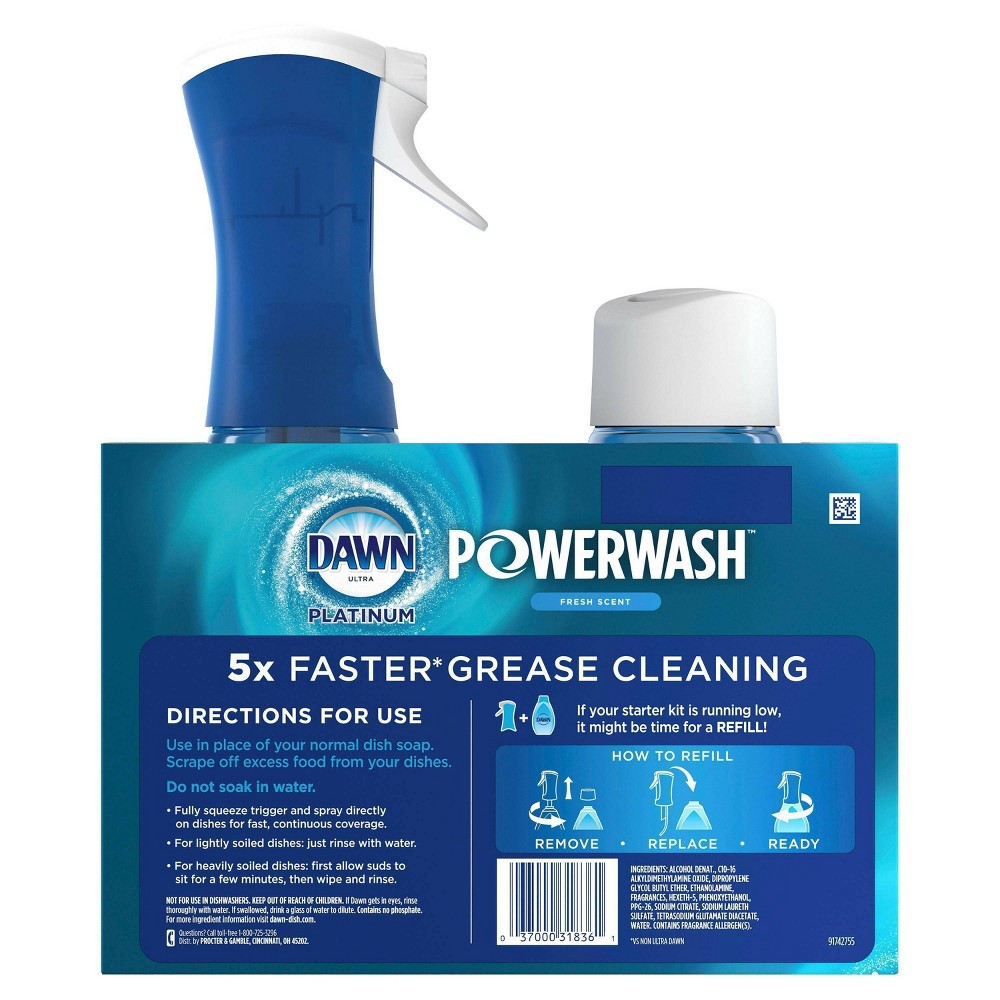 slide 6 of 6, Dawn Platinum Powerwash Dish Spray, Dishwashing Dish Soap - Fresh Scent Bundle - Starter-Kit (16 fl oz) & 1 refill (16 fl oz), 16 fl oz