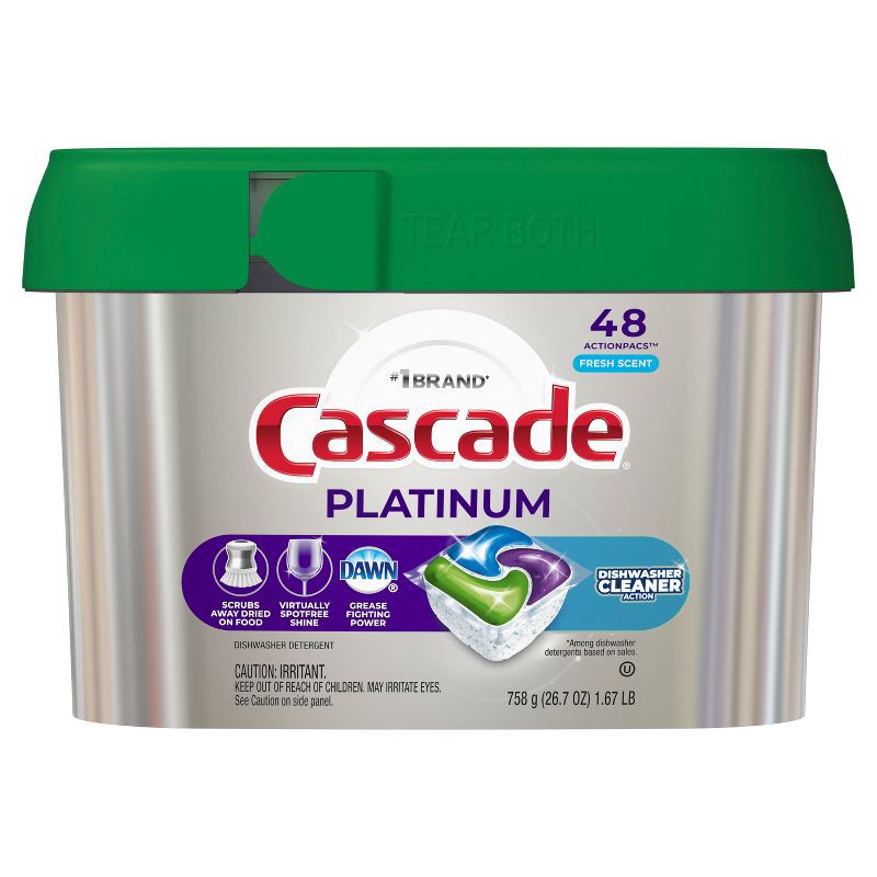 slide 11 of 13, Cascade Fresh Scent Platinum Dishwasher Detergent ActionPacs + Cleaner Pods - 48ct, 48 ct