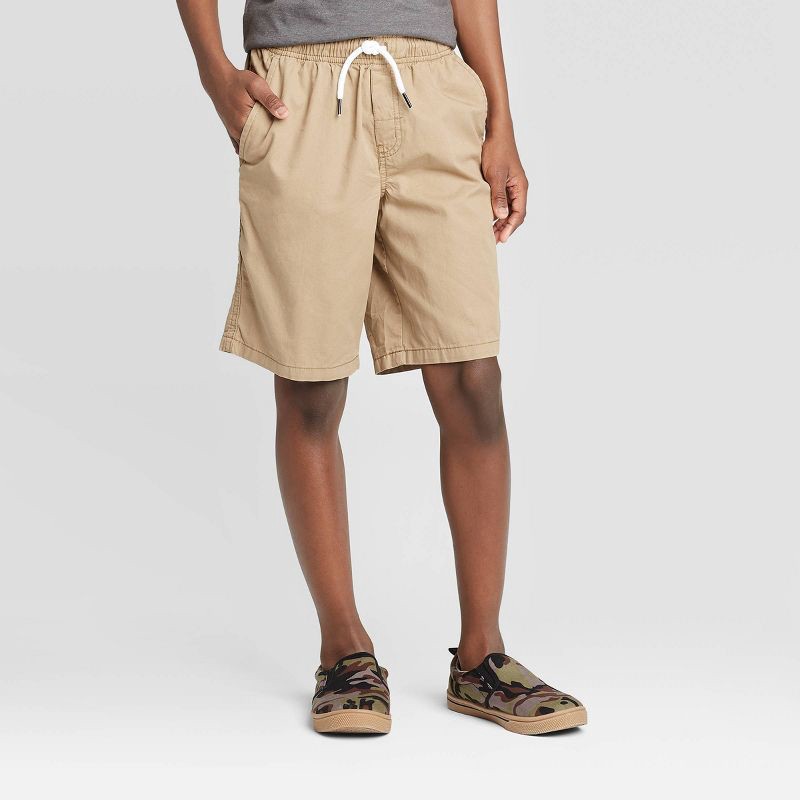 slide 1 of 3, Boys' Playwear 'At the Knee' Pull-On Shorts - Cat & Jack™ Dark Khaki XS: Cotton Twill, Drawstring Waist, 1 ct