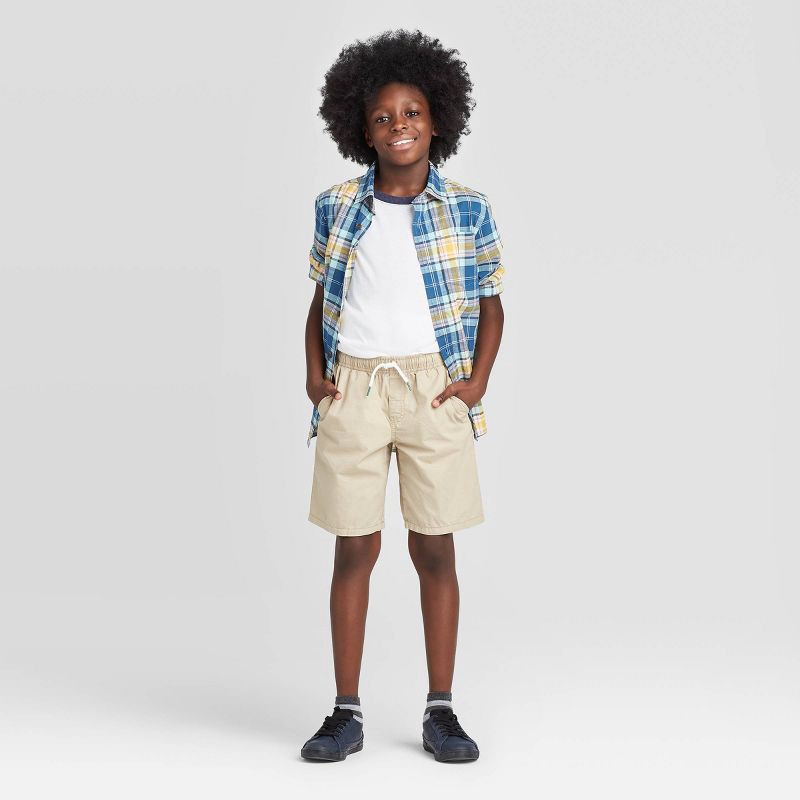 slide 3 of 3, Boys' Playwear 'At the Knee' Pull-On Shorts - Cat & Jack™ Light Khaki M: Cotton Twill, Side & Patch Pockets, 1 ct