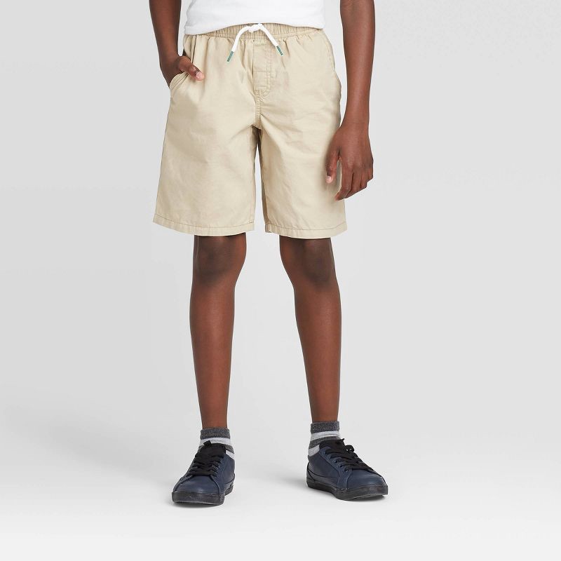 slide 1 of 3, Boys' Playwear 'At the Knee' Pull-On Shorts - Cat & Jack™ Light Khaki L: Cotton Twill, Mid Rise, Drawstring Waist, 1 ct