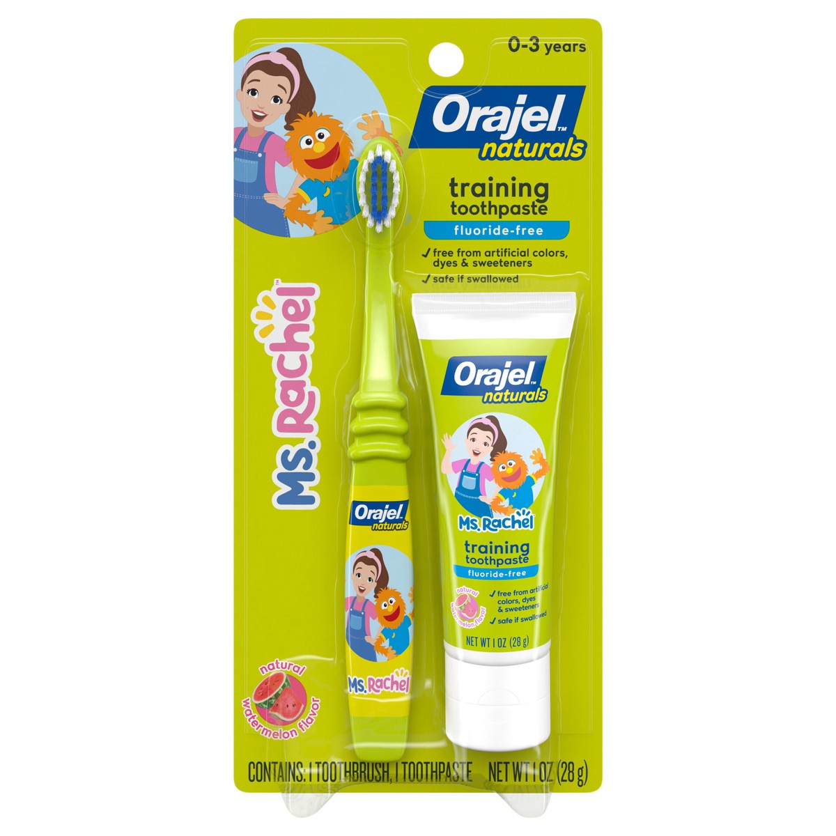 slide 1 of 14, Orajel Naturals Kids Ms. Rachel Fluoride-Free Training Toothpaste & Toothbrush, Natural Watermelon Flavor, 1 oz, 1 ct