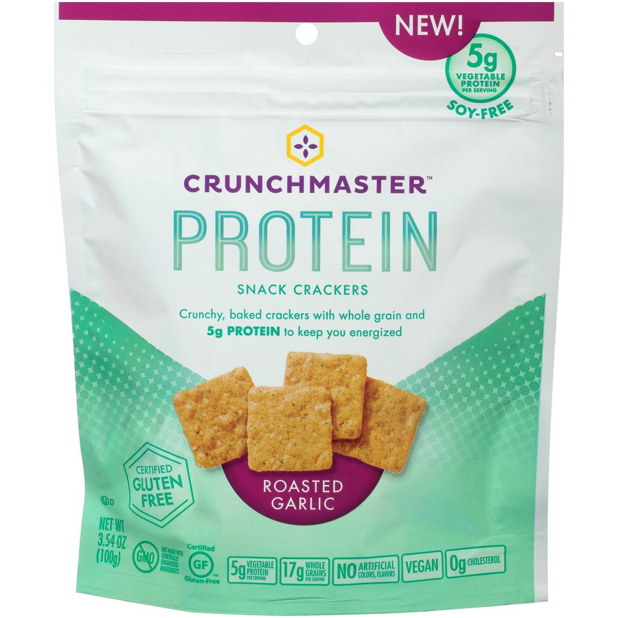 slide 1 of 6, Crunchmaster Roasted Garlic Protein Snack Cracker, 3.54 oz