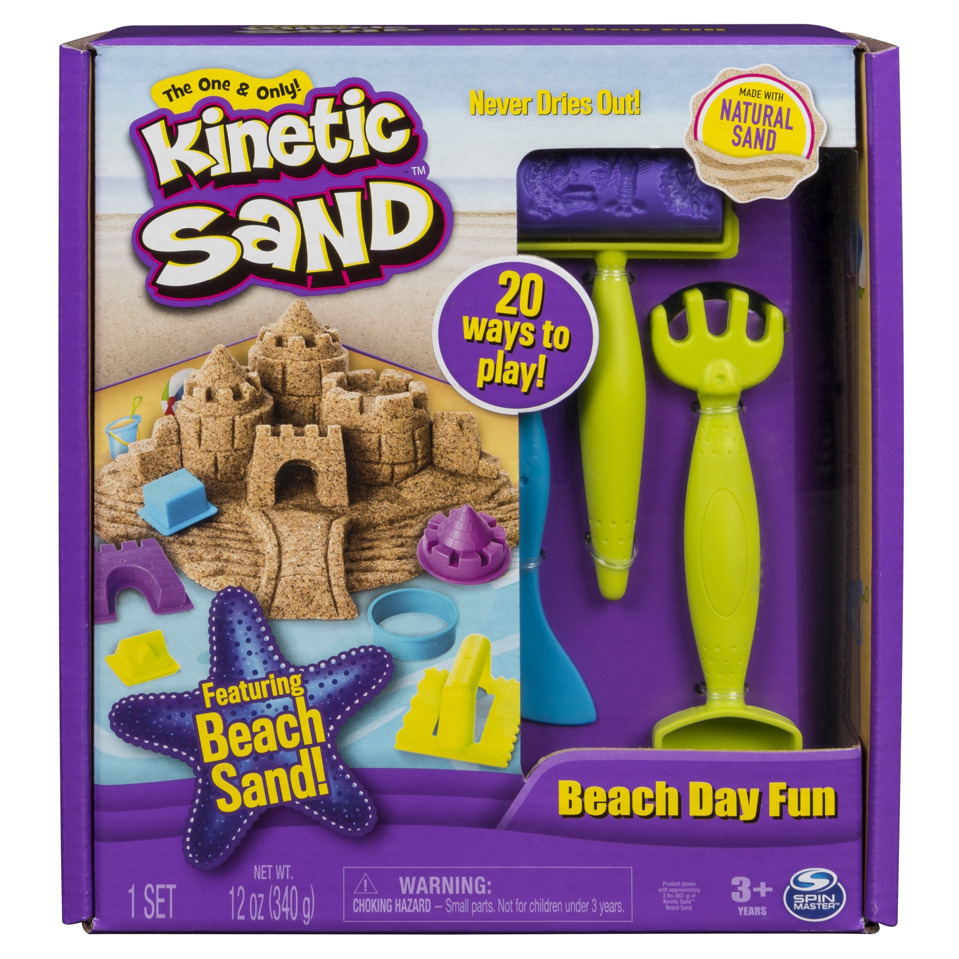 slide 3 of 6, Kinetic Sand, Beach Day Fun Playset with Castle Molds, Tools, and 12 oz. of Kinetic Sand  for Ages 3 and Up, 1 cnt