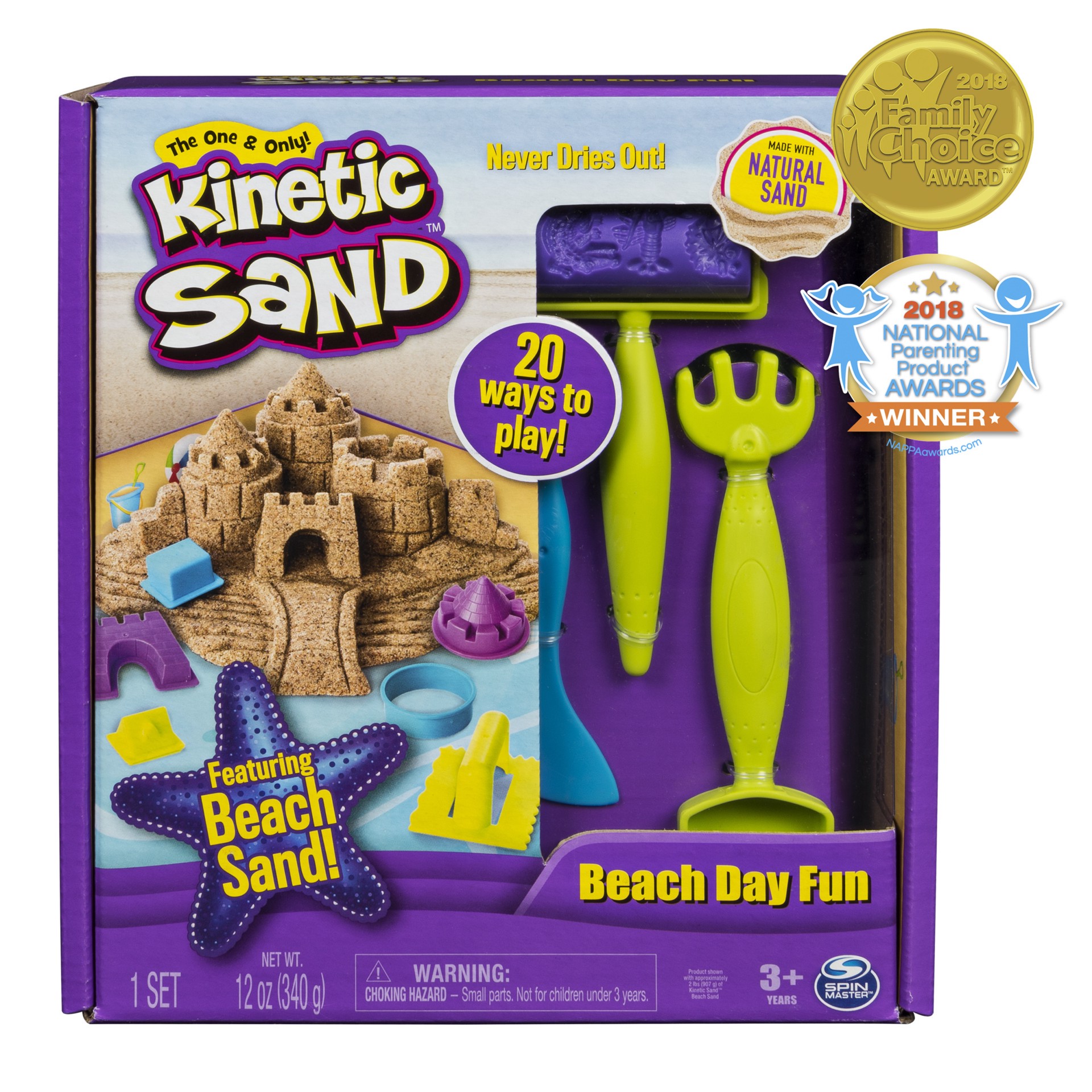 slide 1 of 6, Kinetic Sand, Beach Day Fun Playset with Castle Molds, Tools, and 12 oz. of Kinetic Sand  for Ages 3 and Up, 1 cnt