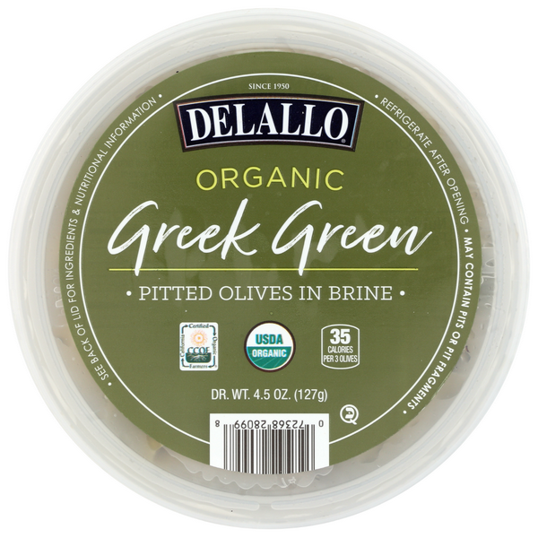 slide 1 of 1, DeLallo Organic Greek Green Pitted Olives In Brine, 4.5 oz
