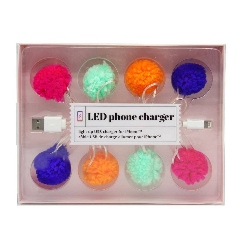 slide 1 of 1, Decor Craft 46" LED Pom Pom Phone Charger USB Cable, 1 ct