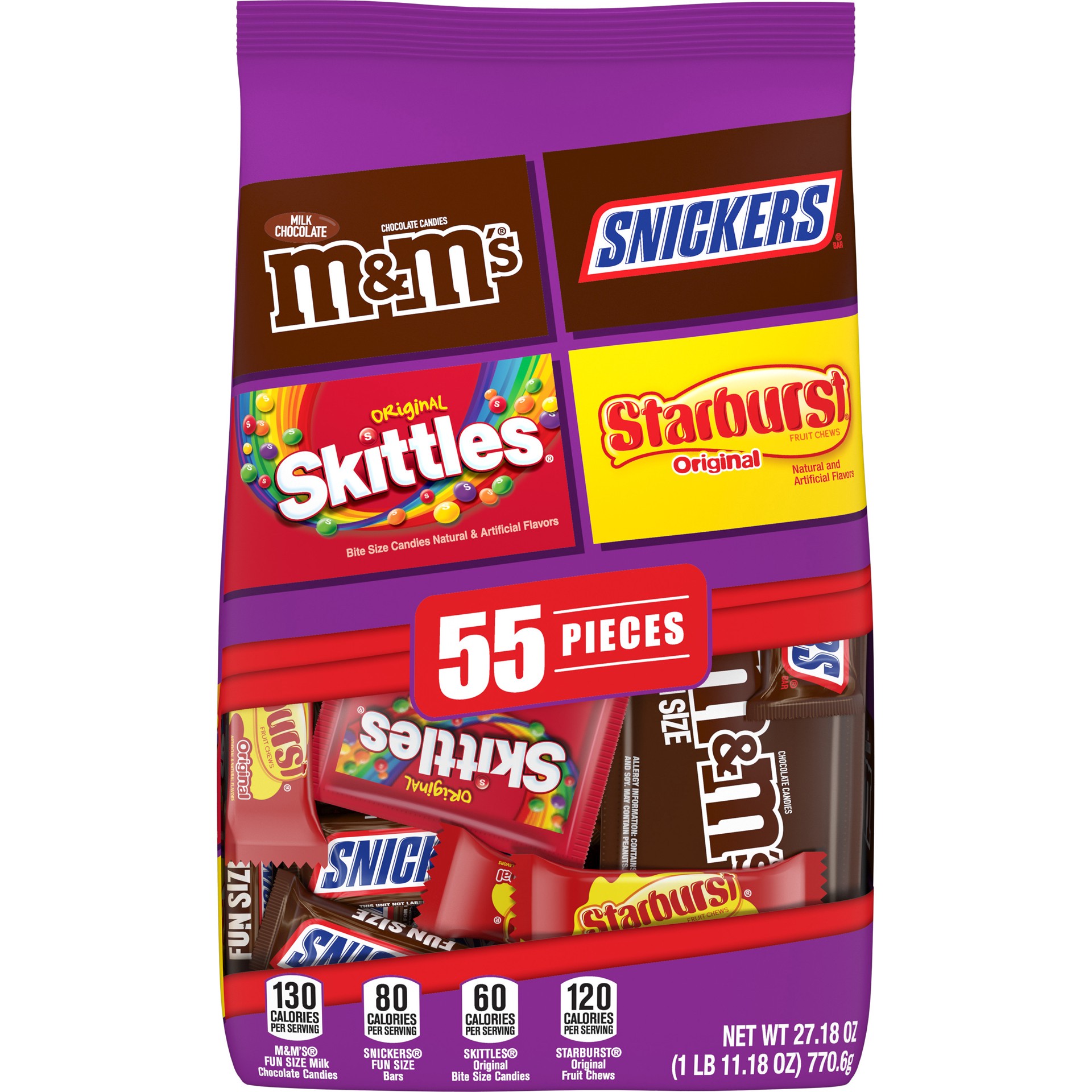 slide 1 of 1, Mars M&M'S, SNICKERS, SKITTLES, STARBURST Variety Pack Fun Size Chocolate & Fruity Candy, 55 Pieces Bag, 55 ct