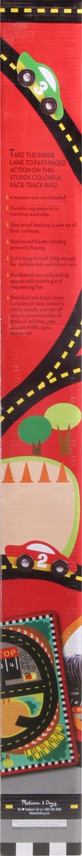 slide 5 of 8, Melissa & Doug Round the Speedway Race Track Rug With 4 Race Cars, 39 in x 36 ft