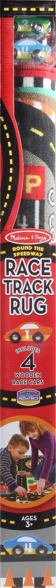 slide 6 of 8, Melissa & Doug Round the Speedway Race Track Rug With 4 Race Cars, 39 in x 36 ft