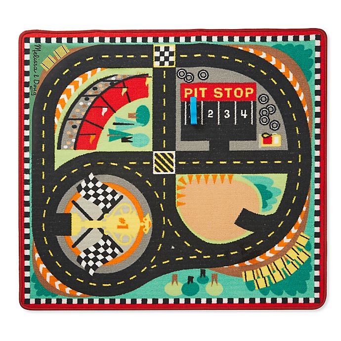 slide 1 of 1, Melissa & Doug Round the Speedway Race Track Rug With 4 Race Cars, 39 in x 36 ft