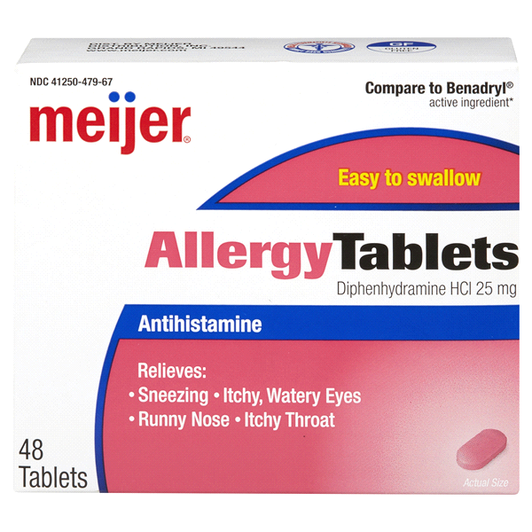slide 1 of 4, Meijer Complete Allergy Medicine, Diphenhydramine HCl Tablets, Antihistamine, 25 mg, 48 ct