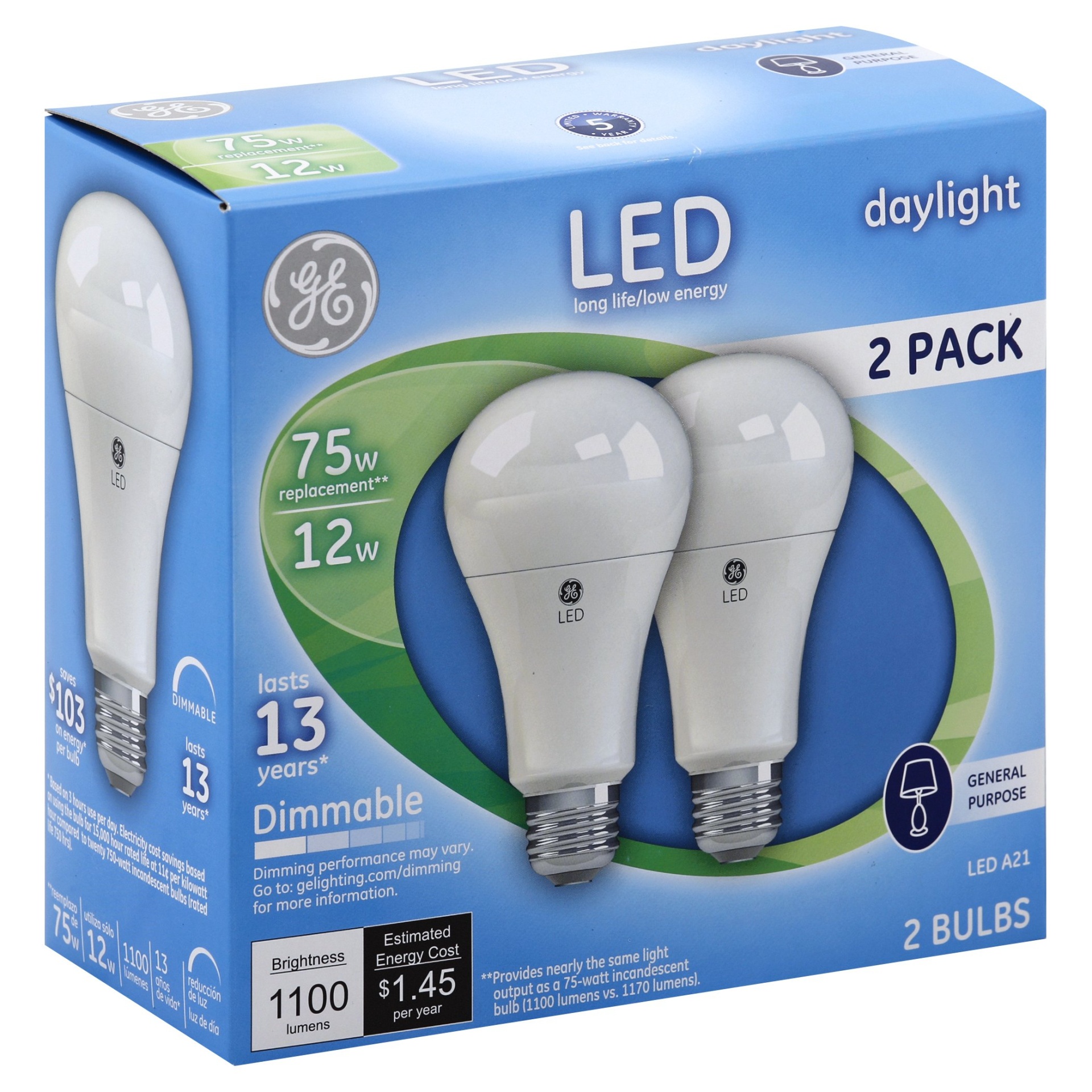 slide 1 of 1, GE Daylight 12-Watt LED Light Bulbs, 2 ct
