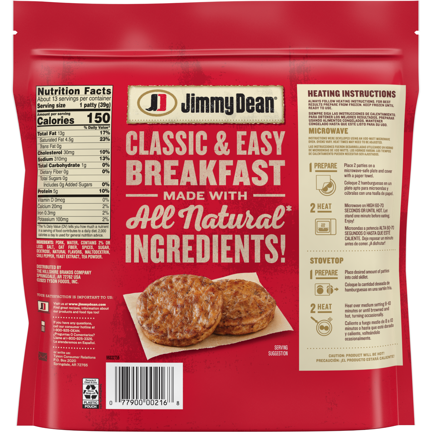 slide 3 of 8, Jimmy Dean All Natural Original Fully Cooked Pork Sausage Patties, 18.3 oz Bag, 18.3 oz