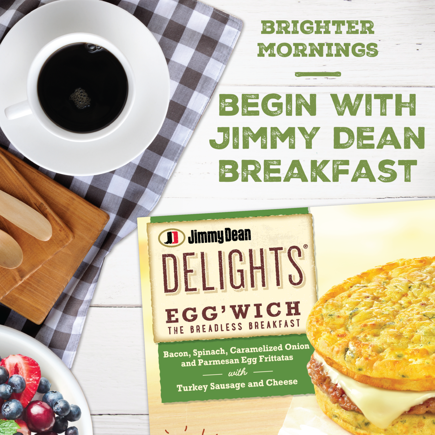 slide 4 of 5, Jimmy Dean Delights Egg’wich Breakfast Sandwiches with Bacon, Spinach, Caramelized Onions, and Parmesan Egg Frittatas with Turkey Sausage and Cheese, Breadless, Frozen, 4 Count, 16.4 oz
