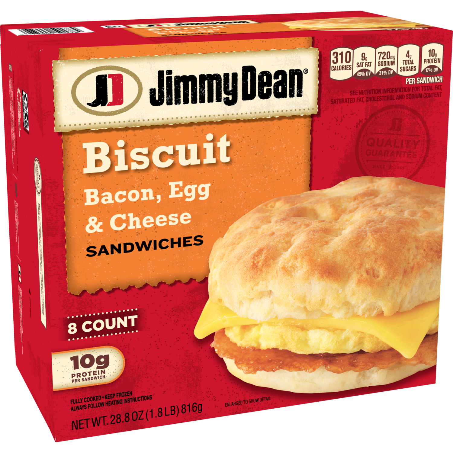 slide 2 of 5, Jimmy Dean Biscuit Breakfast Sandwiches with Bacon, Egg, and Cheese, Frozen, 8 Count, 816.47 g