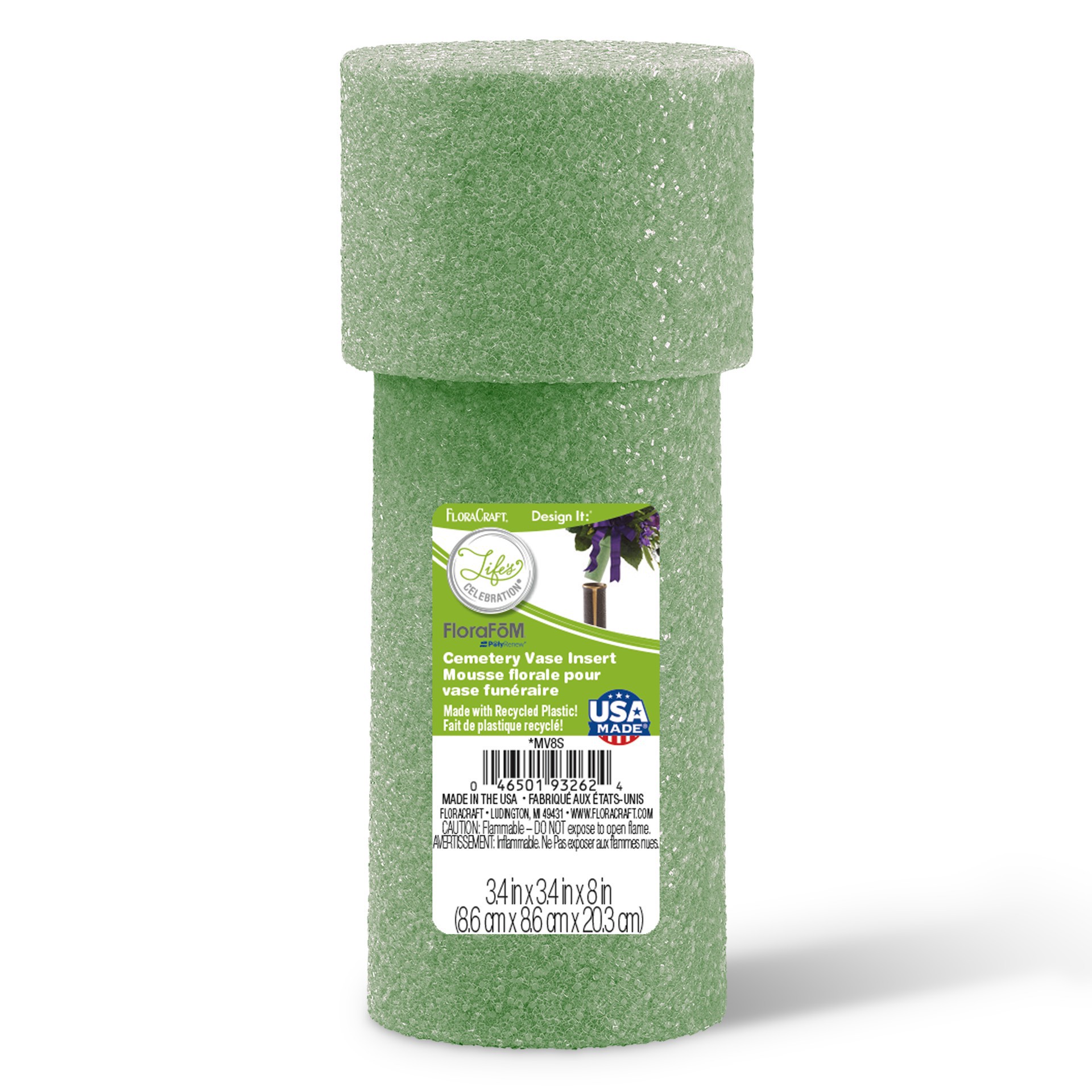 slide 8 of 9, Floracraft Florafōm Memorial Vase Insert Green, 3.4 in x 3.4 in x 8 in