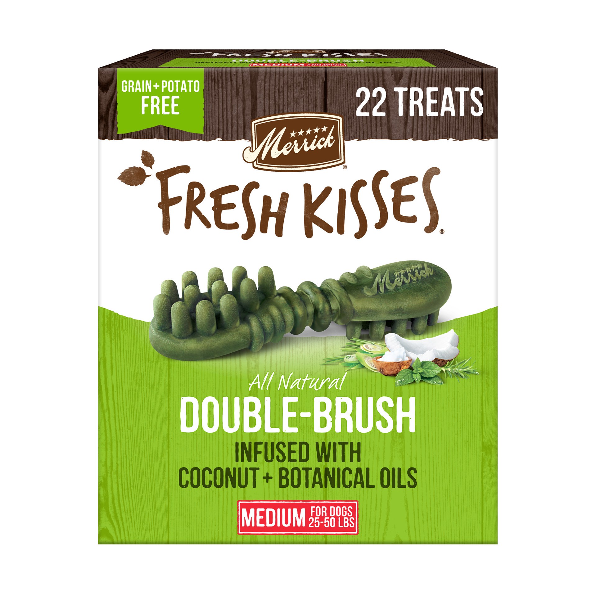 slide 1 of 4, Merrick Fresh Kisses Natural Dental Chews Infused With Coconut And Botanical Oils For Medium Dogs 25-50 Lbs, 23 oz