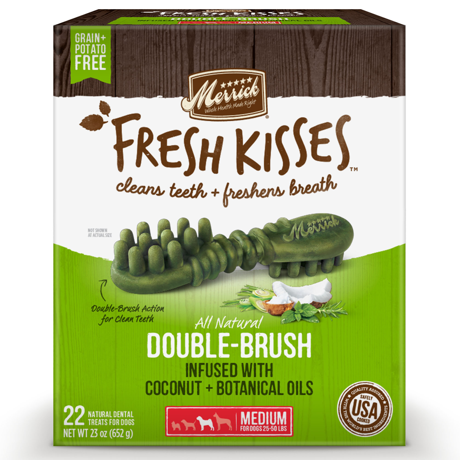 slide 1 of 4, Merrick Fresh Kisses Coconut + Botanical Oils Dental Dog Treats For Medium Dogs - 23 oz Box with 22 Brushes, 23 oz