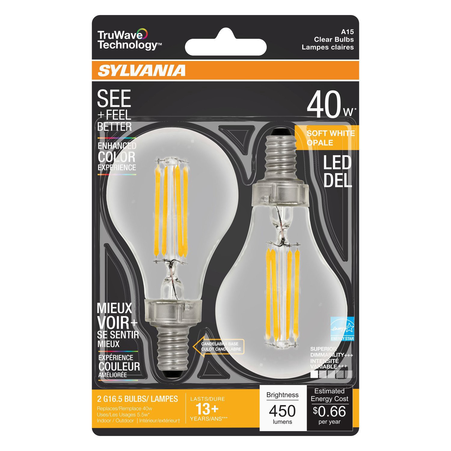 slide 1 of 1, Sylvania TruWave A15 40-Watt Soft White LED Light Bulbs, 2 ct