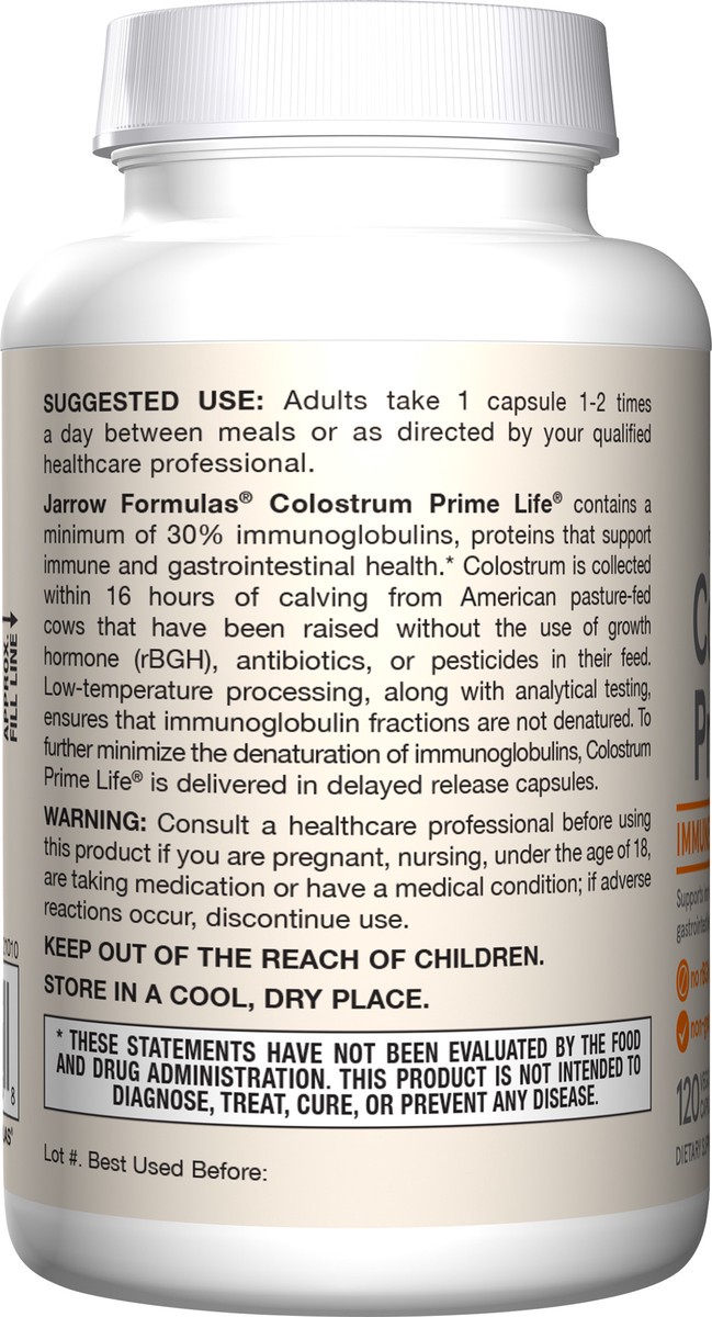 slide 3 of 4, Jarrow Formulas Colostrum Prime Life 400 mg - 120 Veggie Capsules - Contains 30% Immunoglobulins - Supplement Supports Immune & Gastrointestinal Health - Up to 120 Servings , 120 ct