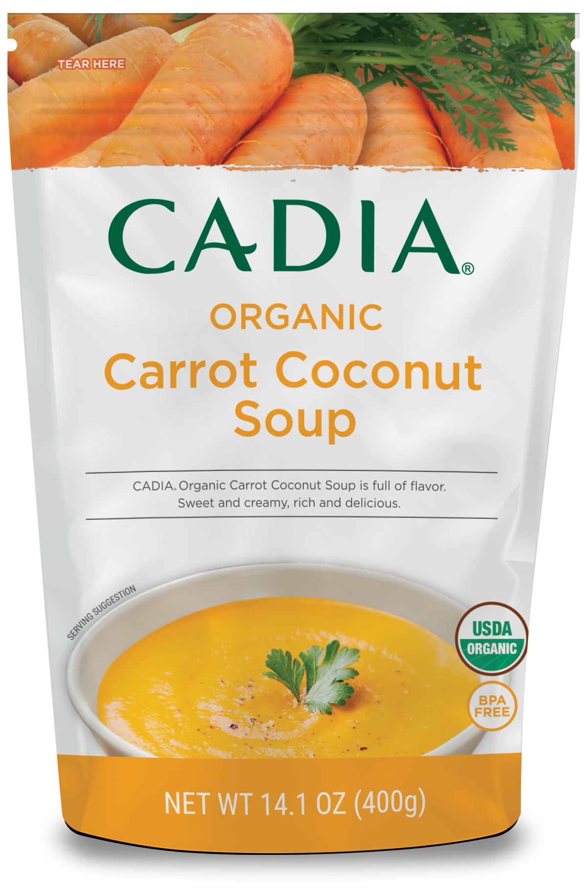 slide 1 of 1, Cadia Organic Carrot Coconut Soup, 14.1 oz