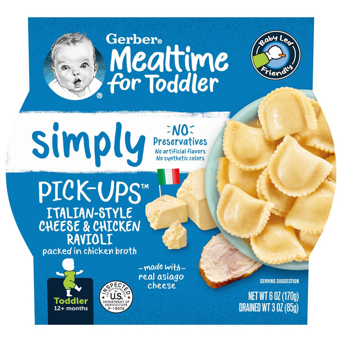 slide 1 of 5, Gerber Toddler Food, Italian-Style Cheese & Chicken Ravioli Pick-Ups, 6 oz