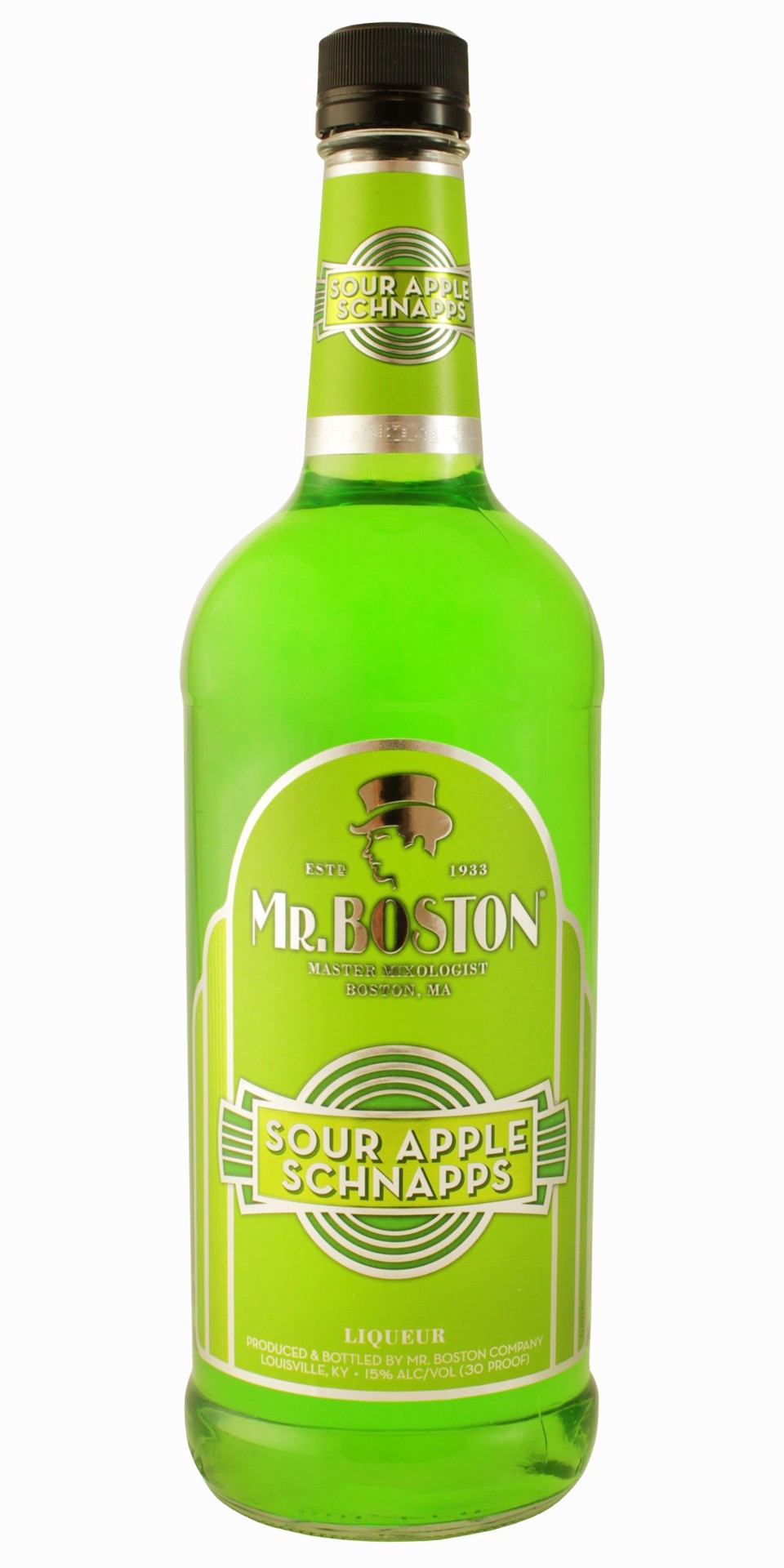 slide 1 of 2, Mr. Boston Sour Apple Schnapps Liqueur 1L Bottle – Green Apple Liqueur 15% ABV (30 Proof), 1 liter