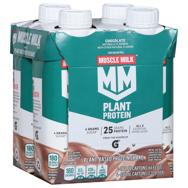 slide 1 of 1, Muscle Milk Plant-Based Chocolate Protein Shake 4 - 11 fl oz Cartons, 4 ct