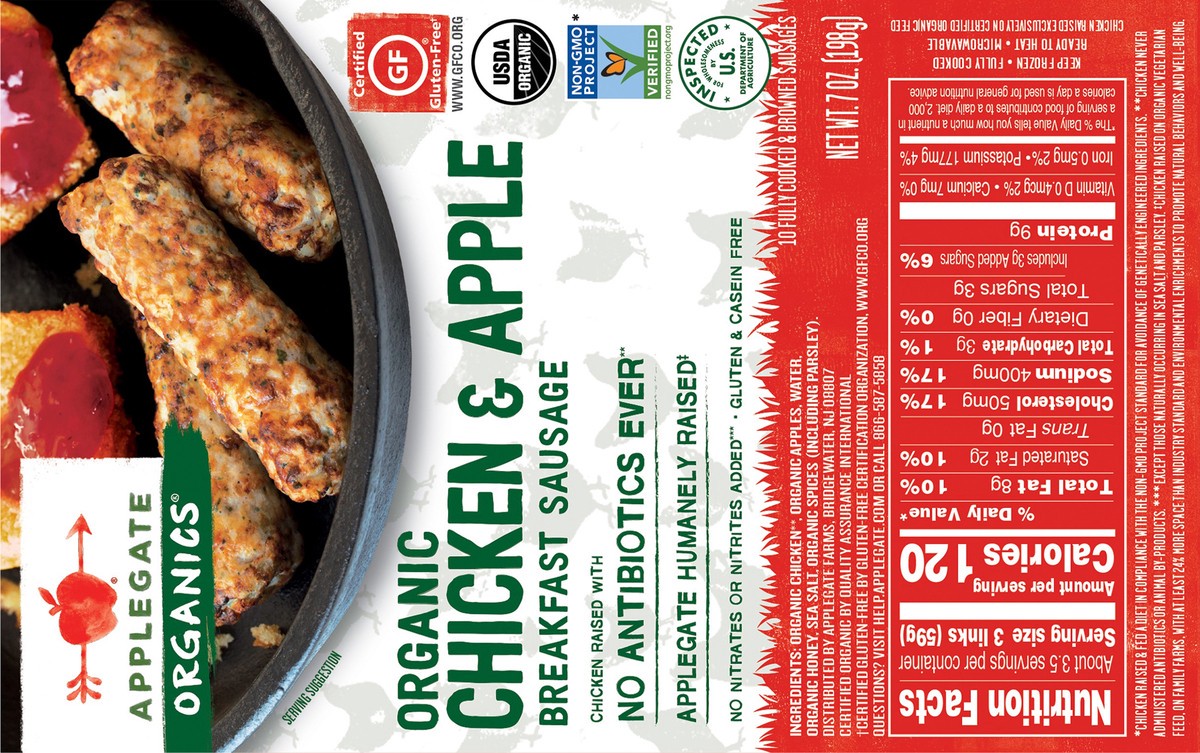slide 7 of 7, Applegate Organic Chicken & Apple Breakfast Sausage (Frozen), 10 ct; 7 oz
