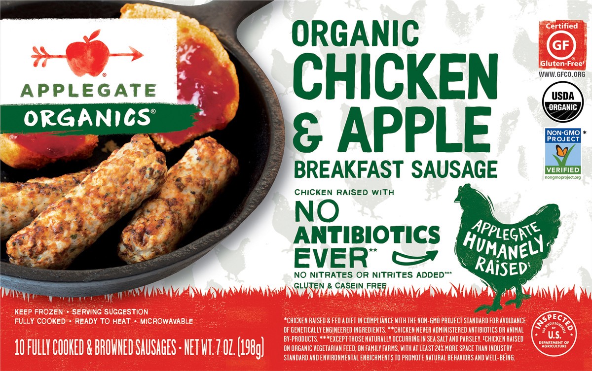 slide 3 of 7, Applegate Organic Chicken & Apple Breakfast Sausage (Frozen), 10 ct; 7 oz