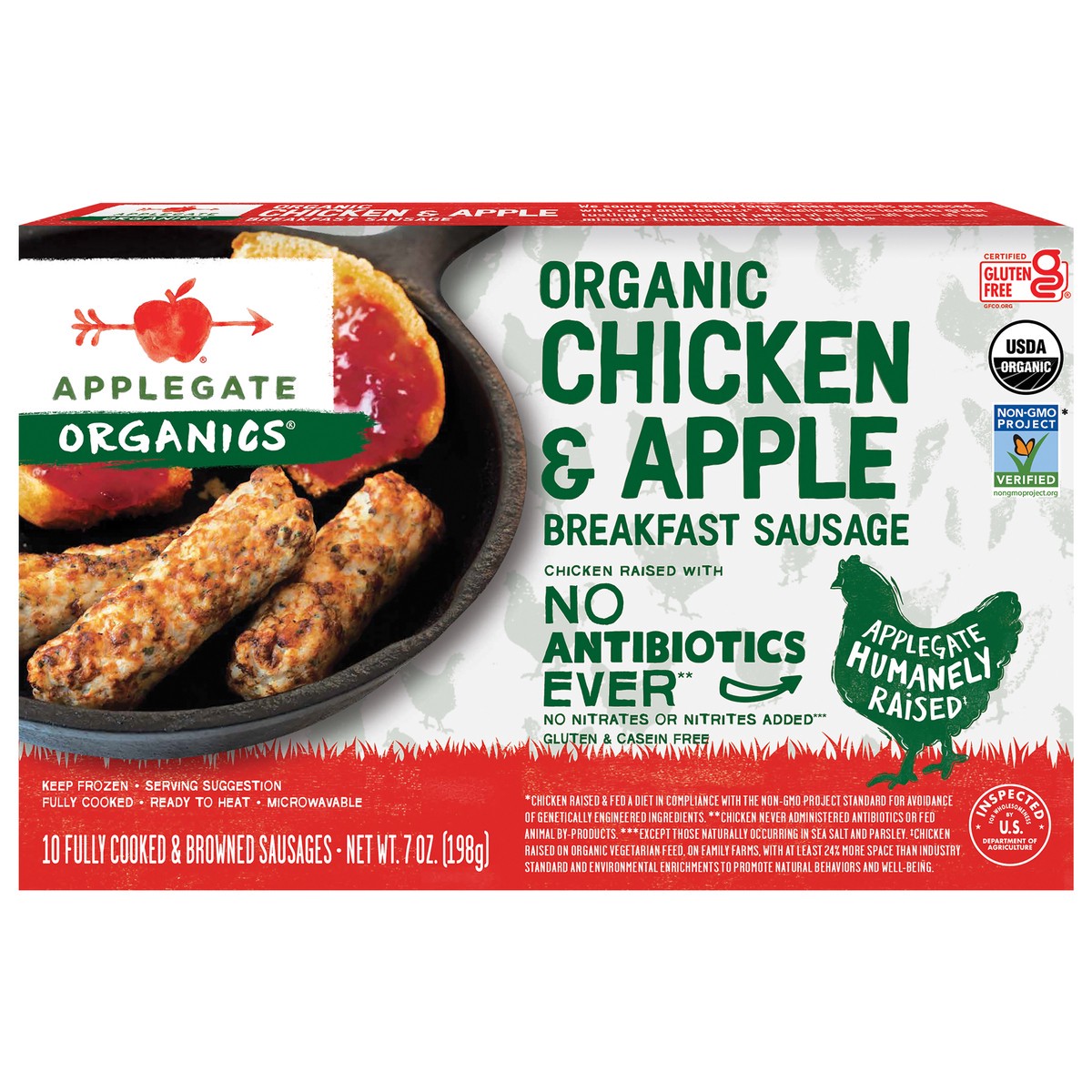 slide 1 of 7, Applegate Organic Chicken & Apple Breakfast Sausage (Frozen), 10 ct; 7 oz