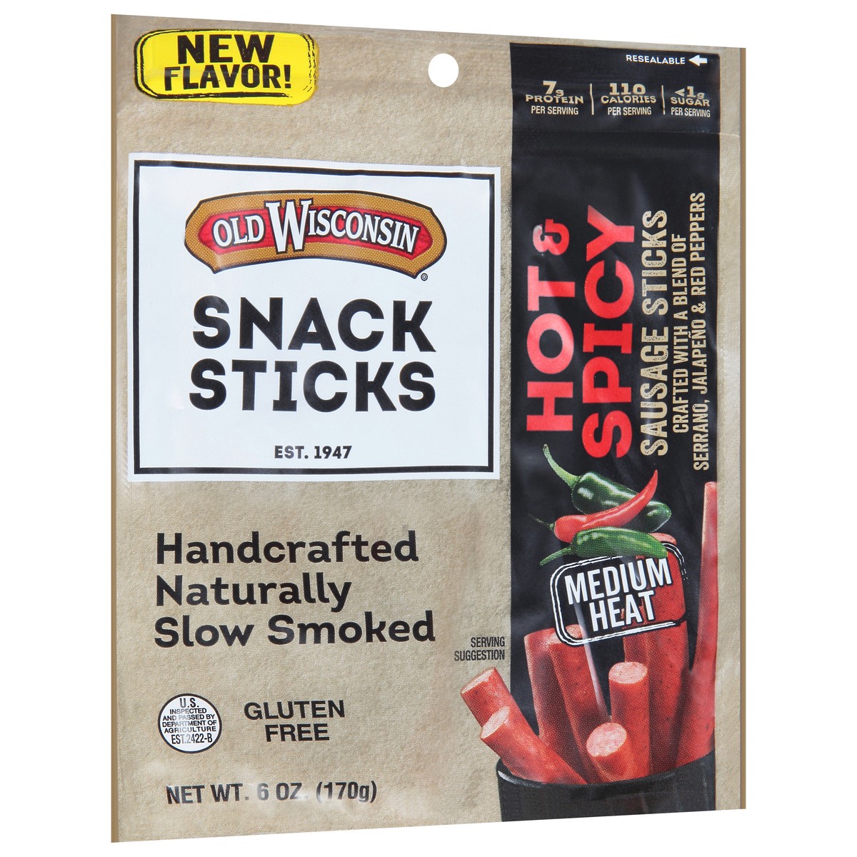 slide 6 of 9, Old Wisconsin Medium Heat Hot & Spicy Smoked Sausage Sticks 6 oz, 6 oz