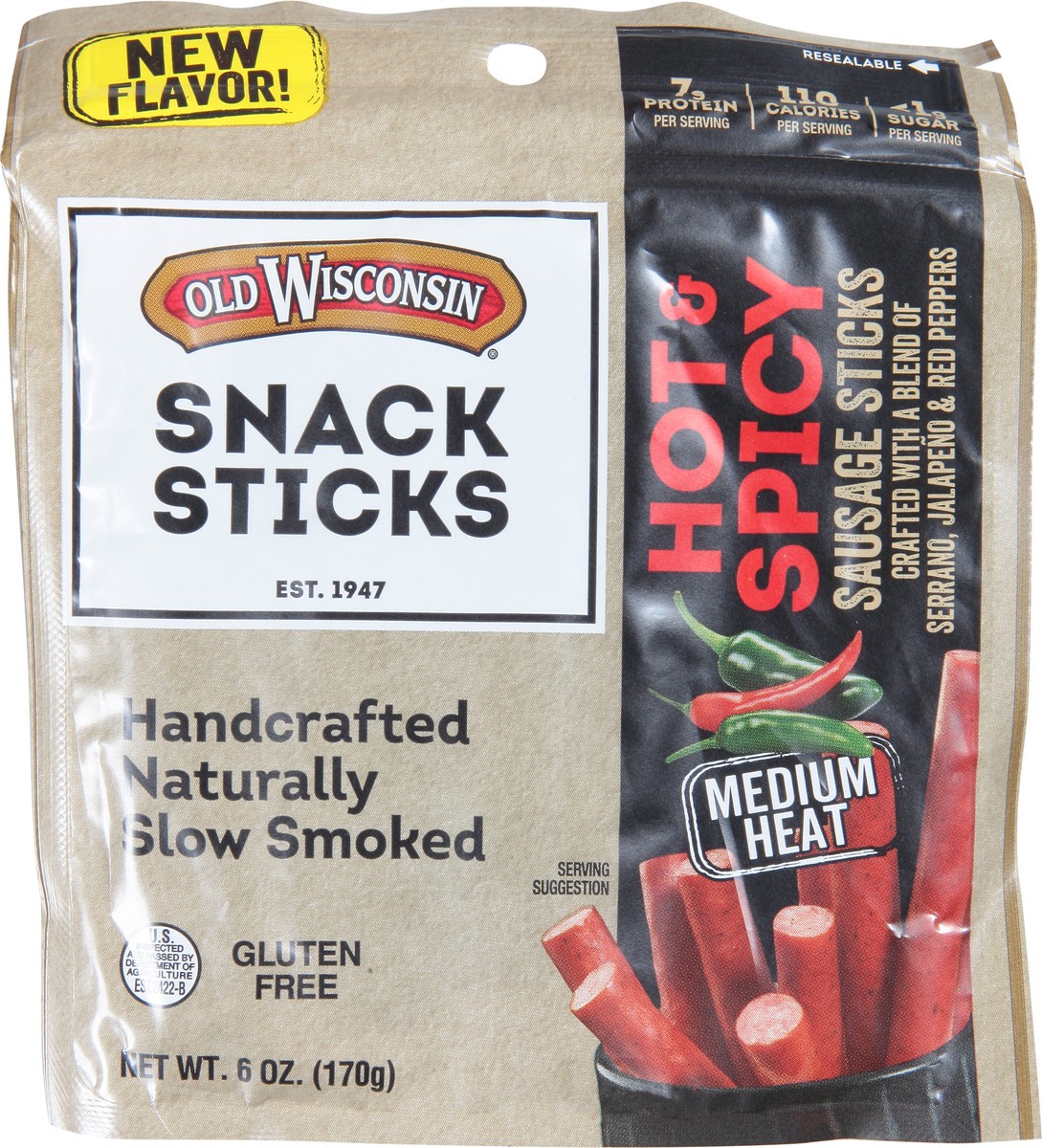 slide 7 of 9, Old Wisconsin Medium Heat Hot & Spicy Smoked Sausage Sticks 6 oz, 6 oz