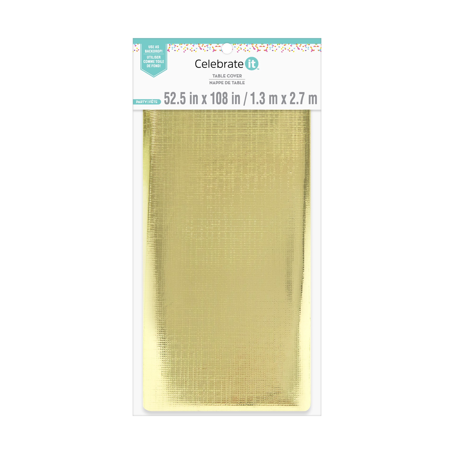 slide 3 of 3, 9ft. Gold Table Cover By Celebrate It, 52.5 in x 9 ft