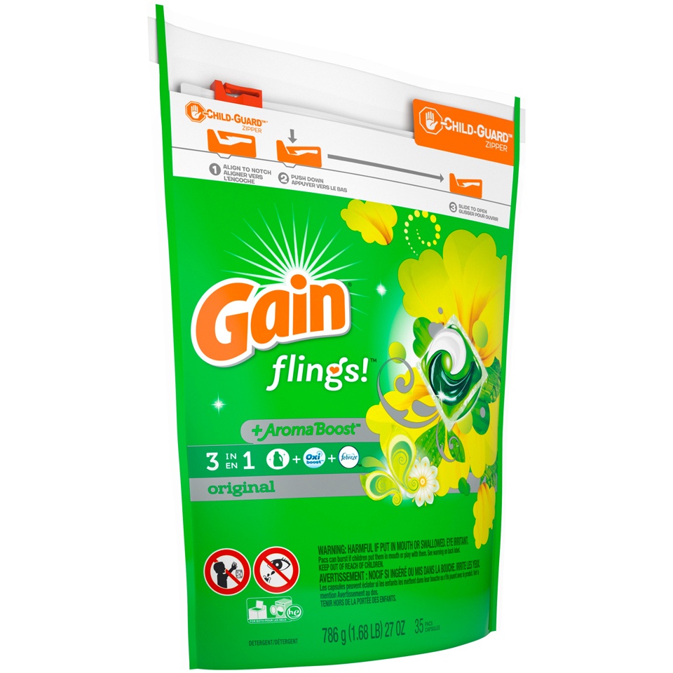 slide 2 of 2, Gain Flings Detergent Original 3 In 1 Pacs, 35 ct